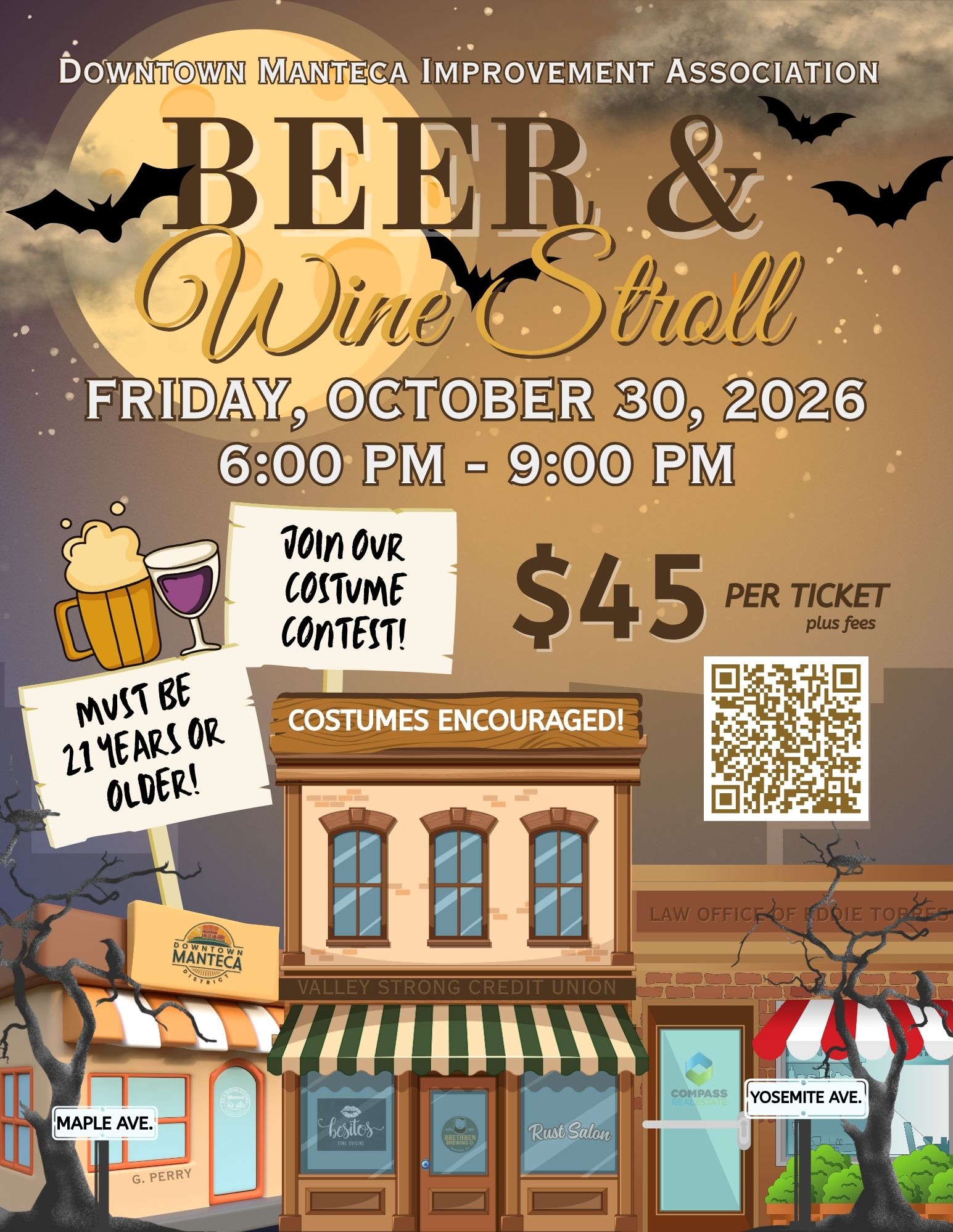 Beer & Wine Stroll flyer: Friday, October 30, 2026, 6:00 to 9:00 PM, $45 per ticket plus fees, must be 21 years or older, costume contest